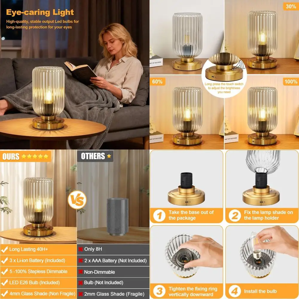 

Диммируемая перезаряжаемая светодиодная настольная лампа со стеклянным плафоном для прикроватного использования, гостиной и спальни