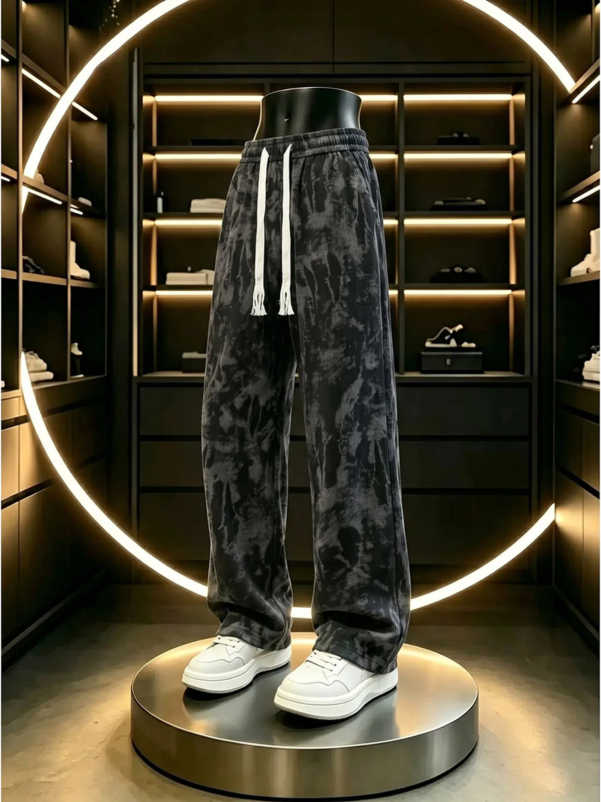 Tie-Dye Ice Silk Drawstring Casual Pants Men's Vintage Refined Design Lightweight Breathable Drapey Straight Leg Trousers
