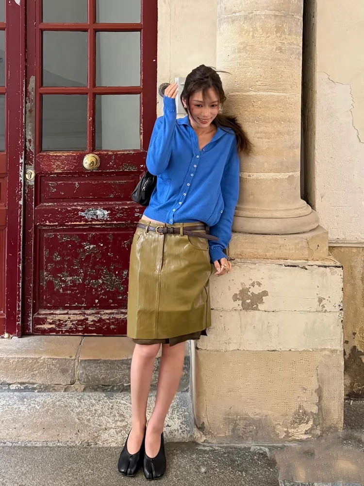 Women Vintage Waxed Faux Leather Mini Skirt Belted Straight Pencil Skirt Old Money Style Contrast Hem Fall Winter Streetwear