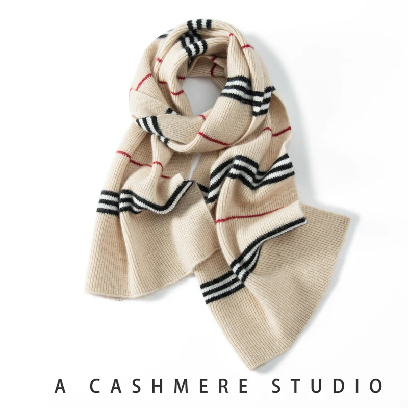THYFGT 100% cashmere scarf, women's autumn and winter warm striped color blocked scarf, fashionable Korean light luxury scarf
