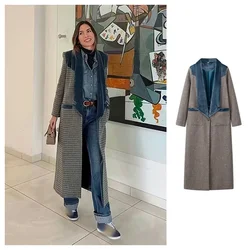 PB & ZA2024 autunno nuovo abbigliamento donna temperamento alla moda versatile lungo plaid splicing cappotto a maniche lunghe in lana