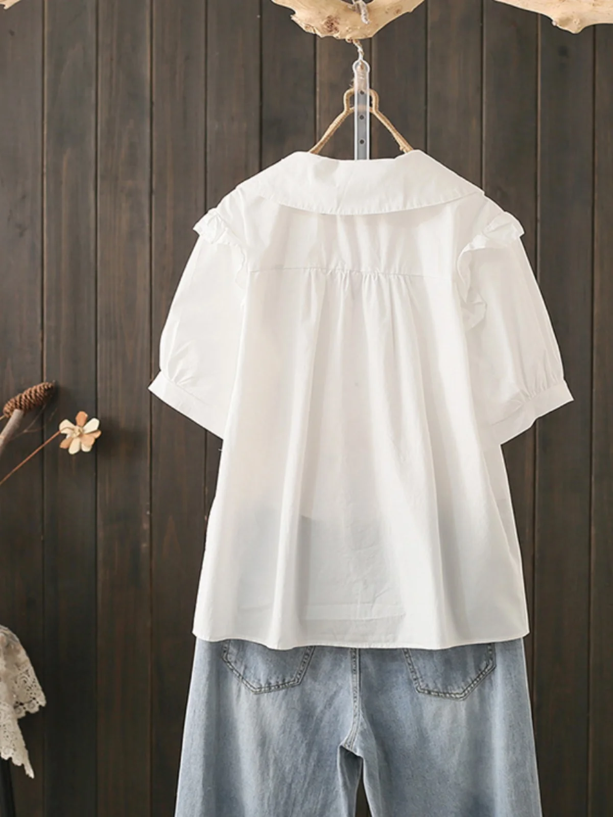 

Summer Large Size 200 Pou Fre Embroidered Doll Collar ort Sve irt Japanese Sle Wooden Sweet Anti-Aging Top