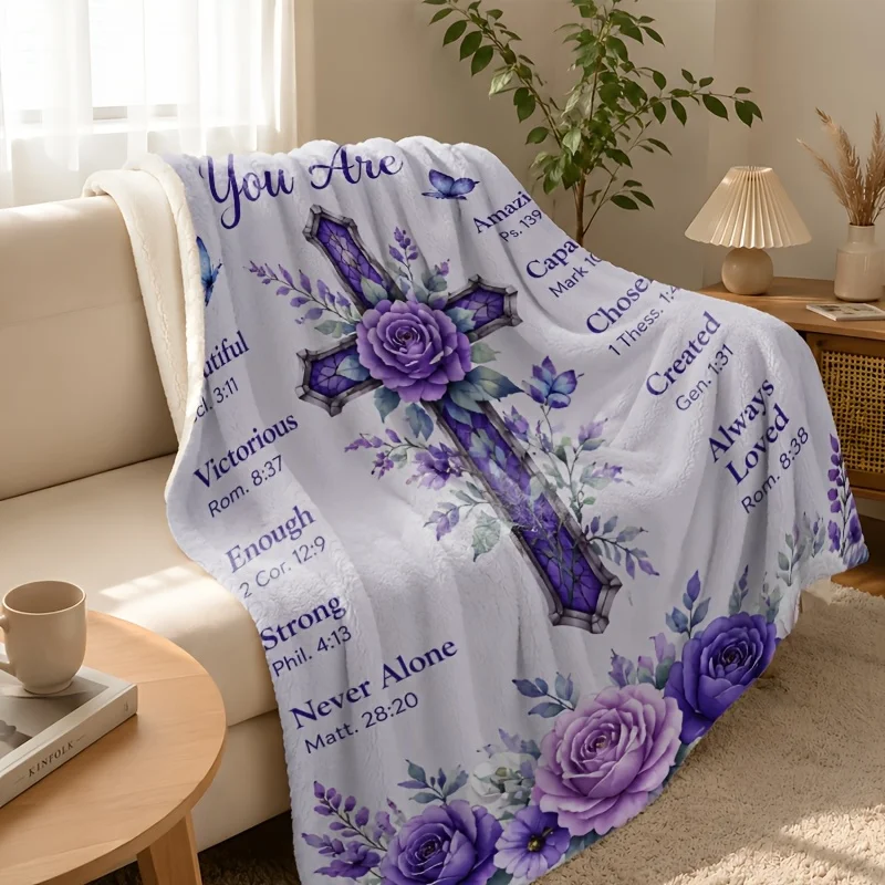 Christian Cross Scripture Flannel Blanket Purple Rose Butterfly Bible Verse Inspirational Throw Blanket for Sofa Bed Couch Bedroom Living Room Faith Home Decor Church Gift Prayer Blanket Cozy Nap Blanket Office Travel Religious Bedding Room Accent