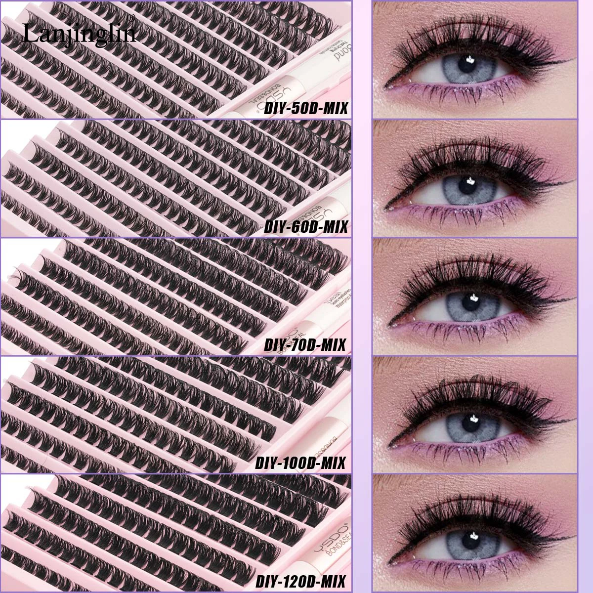 DIY Lashes Extension Kit 160-200 pcs Individual Eyelashes Extension Set Cluster Lashes with Lash Bond and Seal Makeup Faux Cils