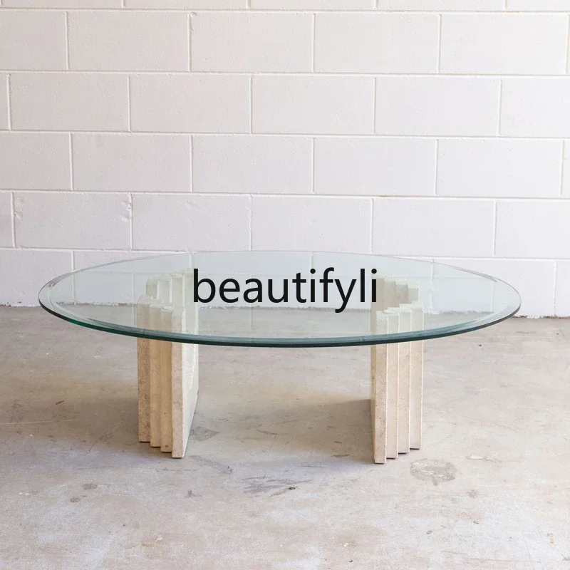 

smt1 Simple and modern Nordic wabi-sabi stone coffee table, marble creative art tempered glass oval tea table