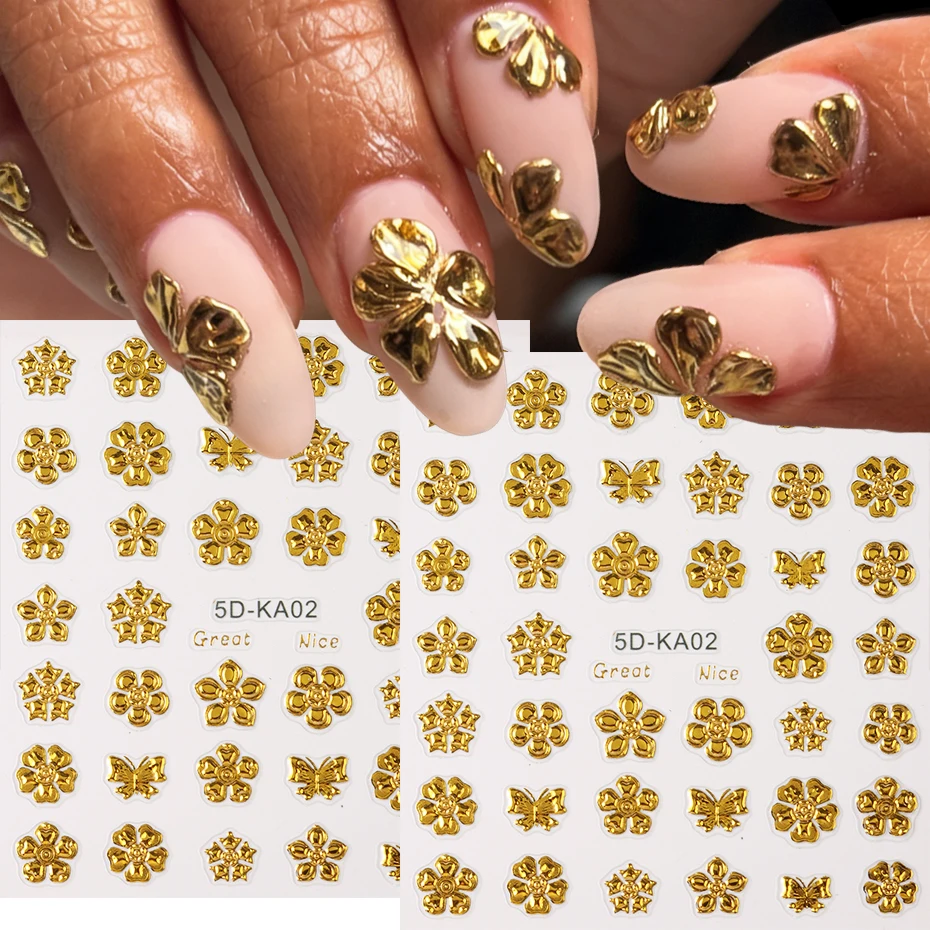 Goldene Blumen Nagelkunst Aufkleber Glänzende Chrom-Blüten Schmetterling-Sticker Nagel-Slider Design Nagelkunst-Dekorationen