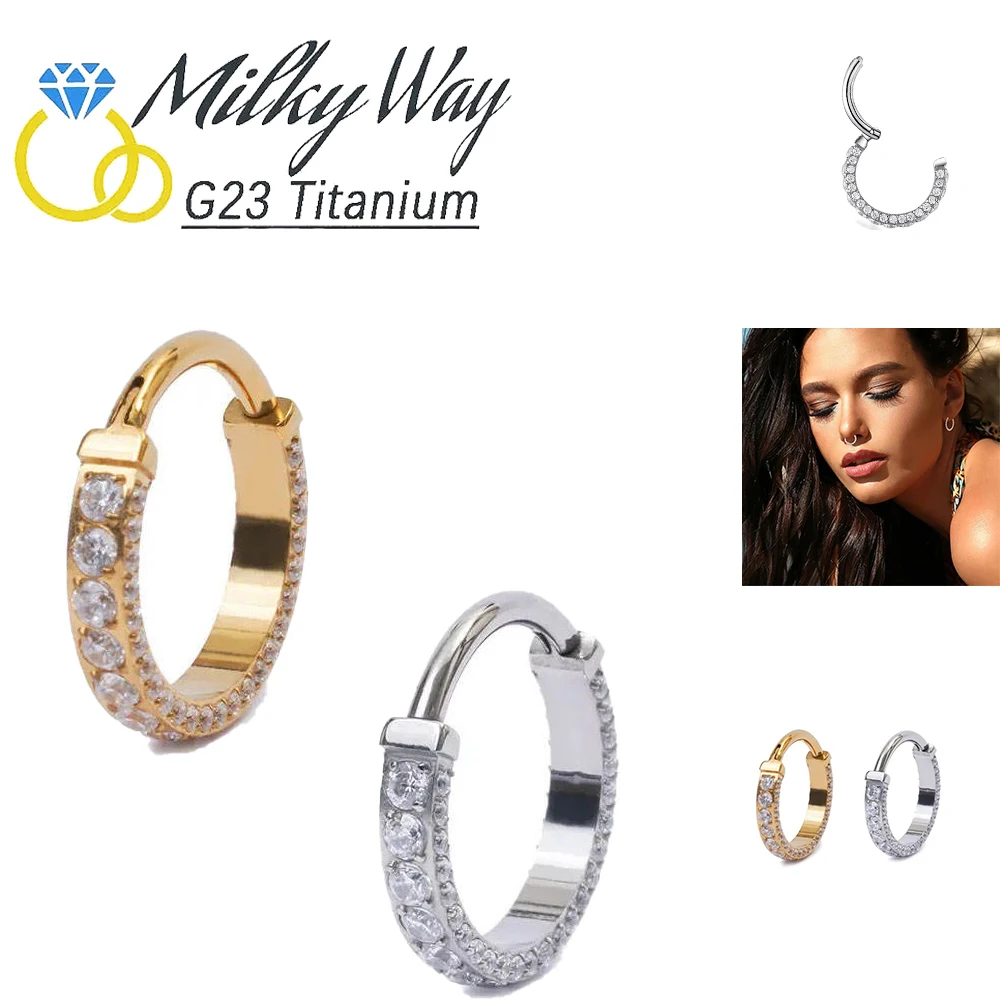 

G23 Titanium Clicker Nose Ring Earrings Three Dimensional Zircon Round Huggie Hoop for Women Girls Gifts Body Piercing Jewelry