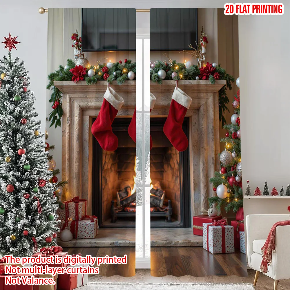 

2pcs 2D flat printing Christmas Drapes Christmas fireplace1 Fabric Without Electricity Spring Party & Holiday Decor for room