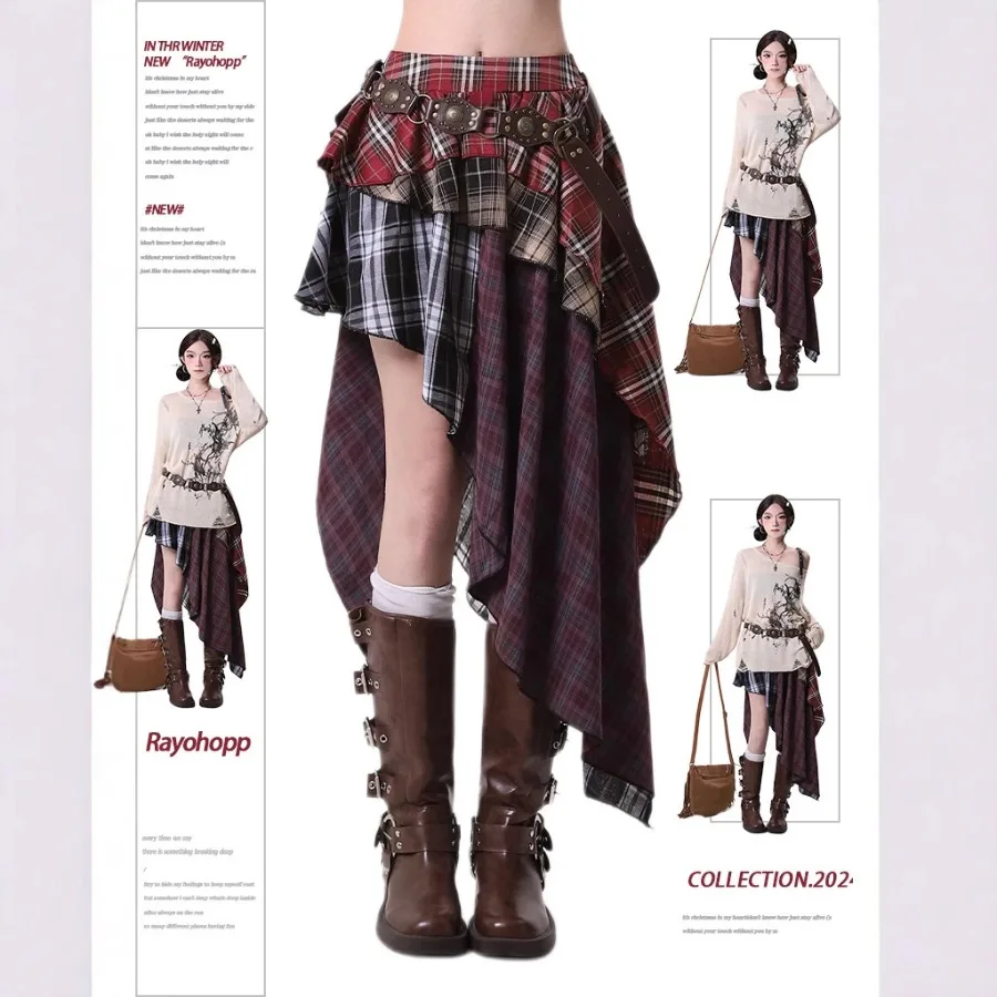 

【HOT】Vintage irregular plaid skirt for women in spring and summer sweet and cool hot girl high-waist slimming sporty style plea