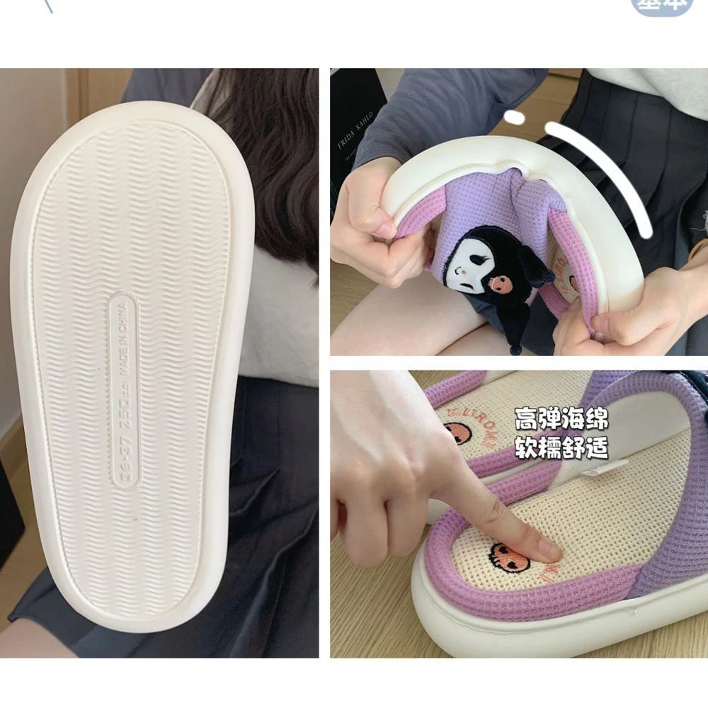 Cartoon Linen Slippers Sanrioed Hello Kitty Anime Kawaii Kuromi Cute Home Shoes Girls Non-Slip Thick Sole Shoes Summer Sandals