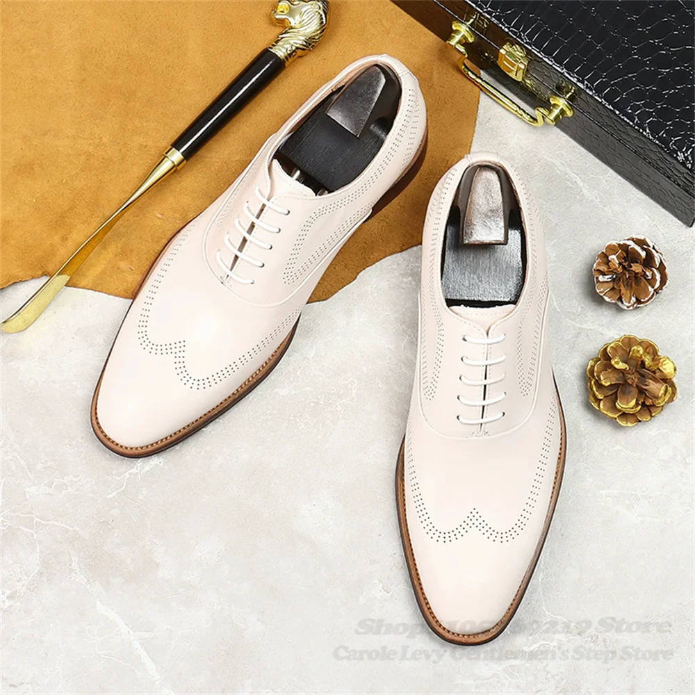 Men Genuine Leather Shoes Lace Up Korean Version Trendy White Cowhide Youth Light Colored Business Formal Dress Shoes