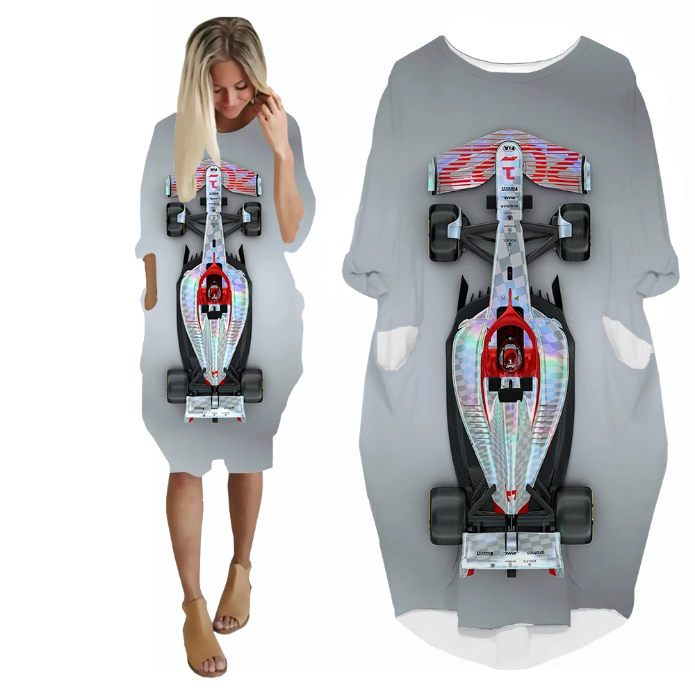 SONSPEE Sport Car 3D Printed Dress Long Sleeve Punk Retro Mechanical Pocket Skirt Female F1 Racing Team Robe Hip Hop Dresses