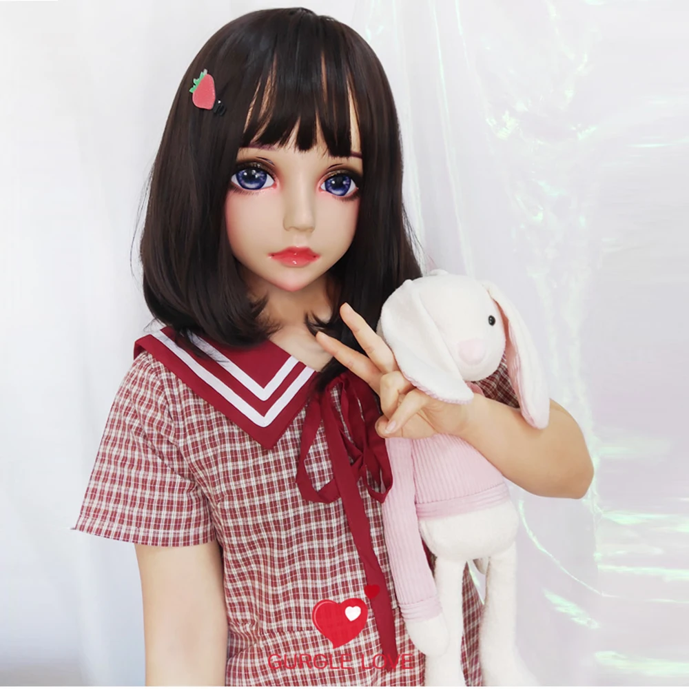 (Hua-05)Female Sweet Girl Resin Half Head Kigurumi BJD Eyes Crossdress Cosplay Japanese Anime Role Lolita Mask With Eyes And Wig