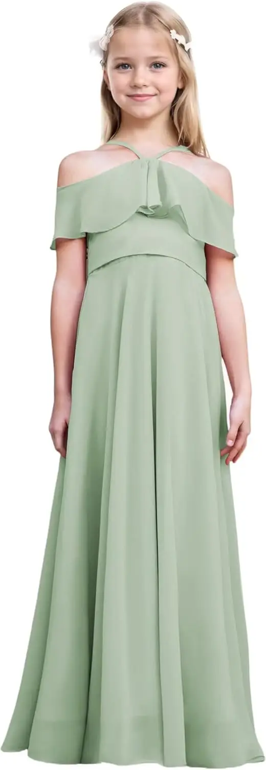 Een lijn junior bruidsmeisjekleding bloemenmeisjesjurk chiffon maxi mouwloos a-lijn voor bruiloft tienermeisjes feestjurken meisjesjurk