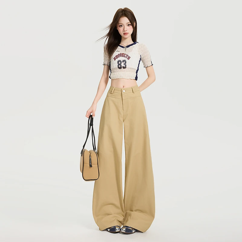 Yapi Lao Qian |   Ralph esthétique minimaliste rétro kaki pantalon pantalons décontractés ample jambe droite pantalon femmes Y2K