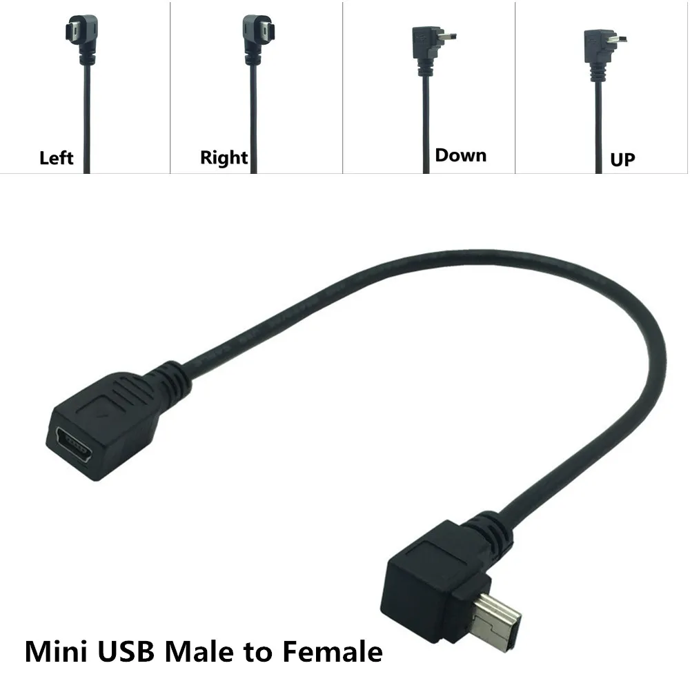 Mini USB Cable 5Pin Male Plug To Female Jack Extension Data Adapter Lead Cable Right Angle 90 Degree Cord 25cm