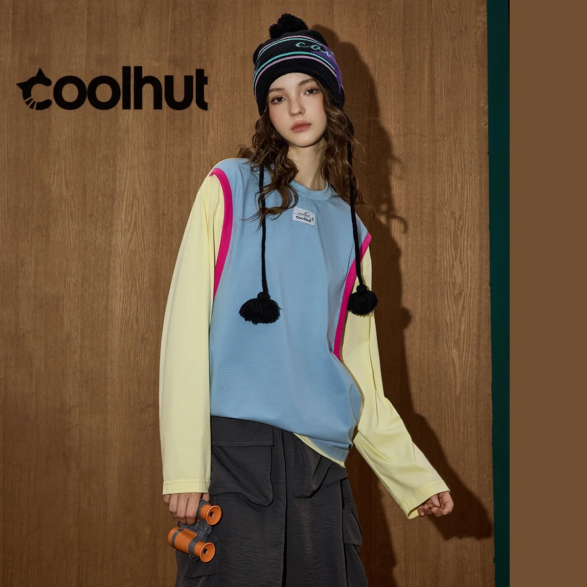 

COOLHUT Women's 2025 Color Block Sleeveless Vest Fake Two Piece Tee Long Sleeve Loose Fit Unique Design Fall Casual Top Dropship