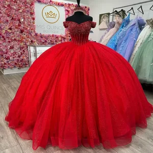 Bomaris Red Bright Quinceanera Kleiderball Kleid aus Schulterperlen Kleid 15 Jahre Süße 16 personalisierte Geburtstagsfeier 12 Hauptverkaufskleider 15 Jahre rot - №7