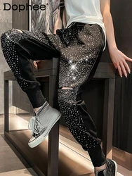 2024 Spring Summer New Trendy Male Rhinestone Casual Pants Men Women Slimming Hole Haren Trousers Versatile Fashion Sweatpants