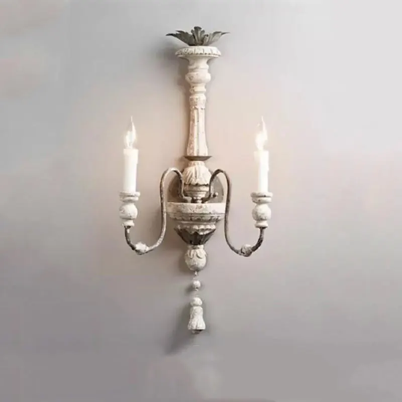 

American Retro Solid Wood Wall Lamp French Living Room Bedroom Corridor Aisle Creative Wood Made Old Iron Candle Wall Light