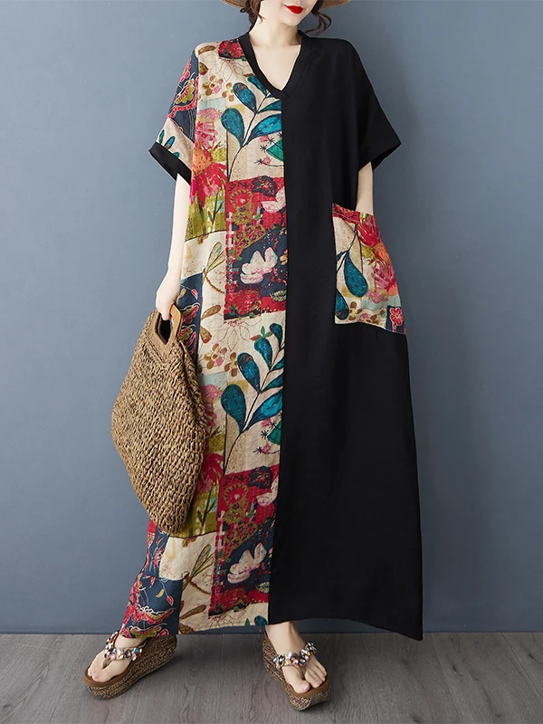 Letnia sukienka plus size z dekoltem w serek, z nadrukiem, z bawełny i lnu, wyszczuplająca, z długim rękawem, damska, modna, wygodna, w kształcie litery A.