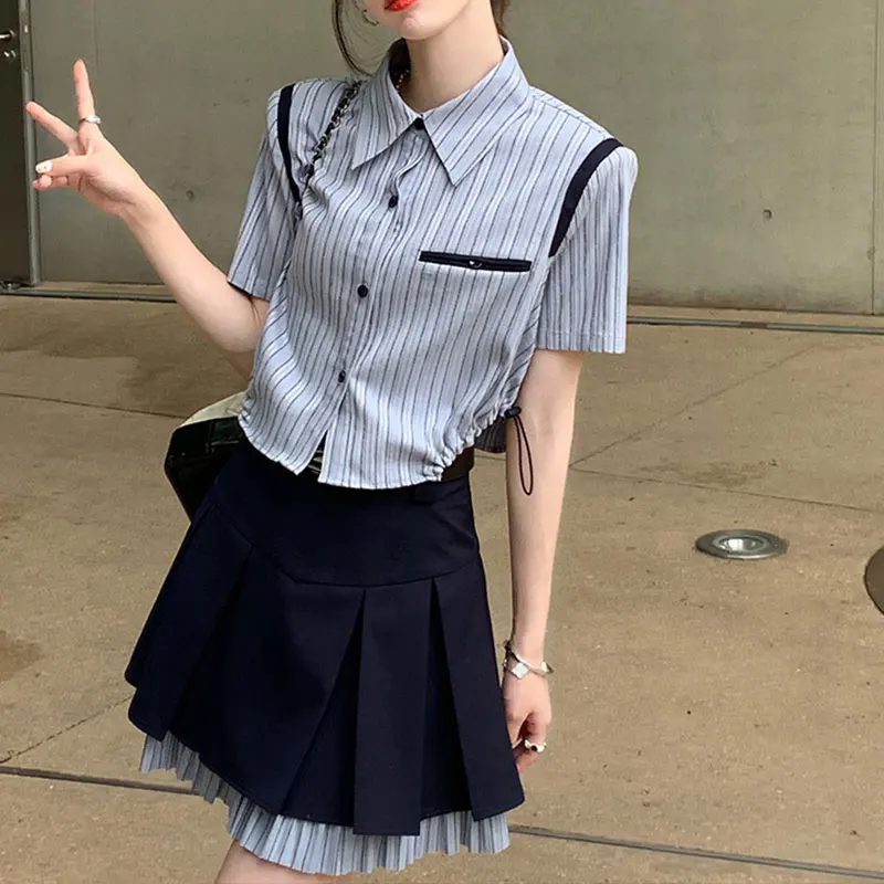 Elegant Fashion Harajuku Slim Fit Female Clothes Casual All Match Button Short Sleeve Blusa High Waist Skirts Two Piece Set