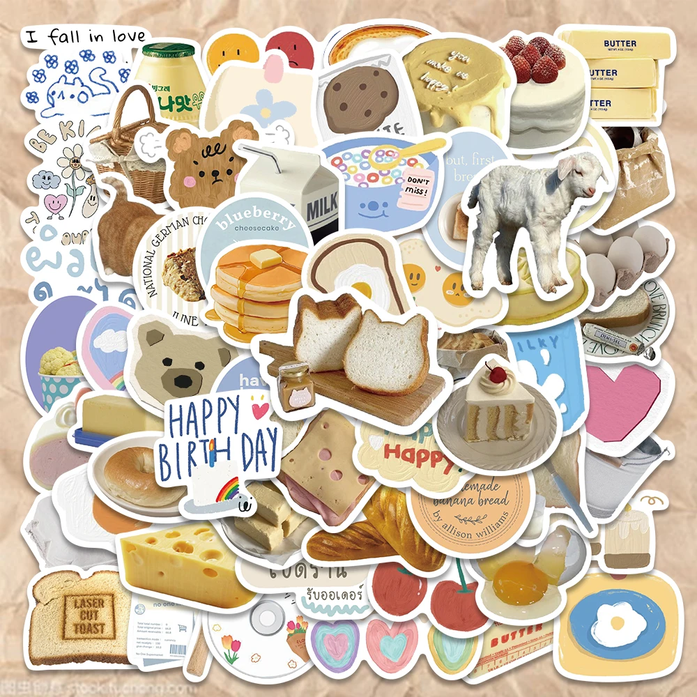 

63pcs/pack Cute Butter Bread Stickers Korean Ins Style Food Decals DIY For Fridge Scrapbook Laptop Waterproof Kids Gift Sticker