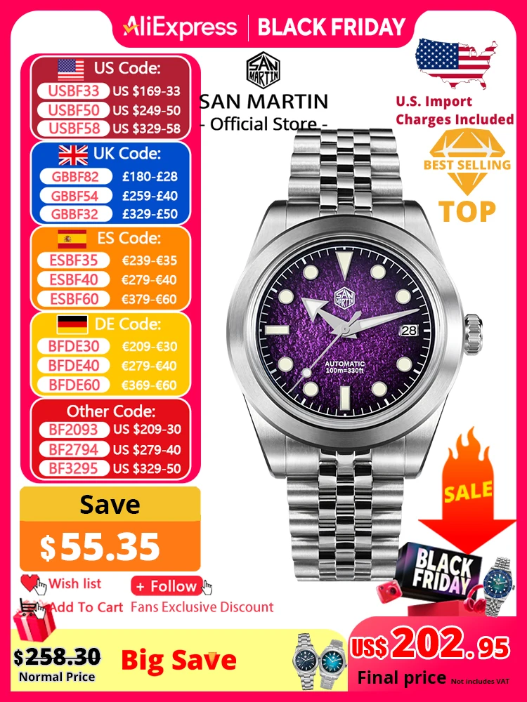 

San Martin New 39mm Sport Watch Enamel Dial NH35 Automatic Mechanical Men Dress Watch Sapphire Waterproof 100m Luminous SN0053