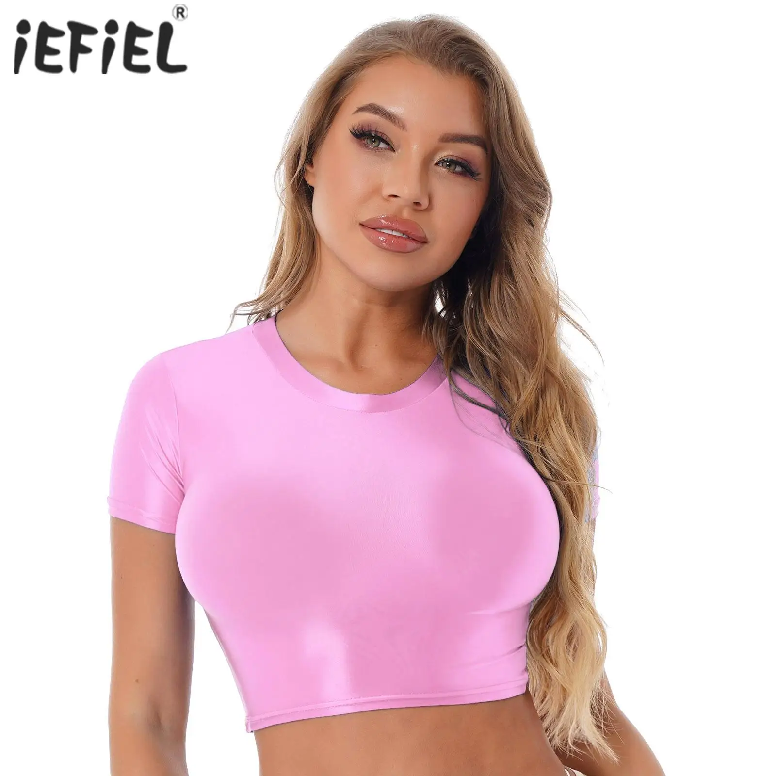 

Женский экзотический Гладкий кроп-топ с коротким рукавом, однотонная облегающая футболка, топ для йоги, фитнеса, спортивная одежда, купальник