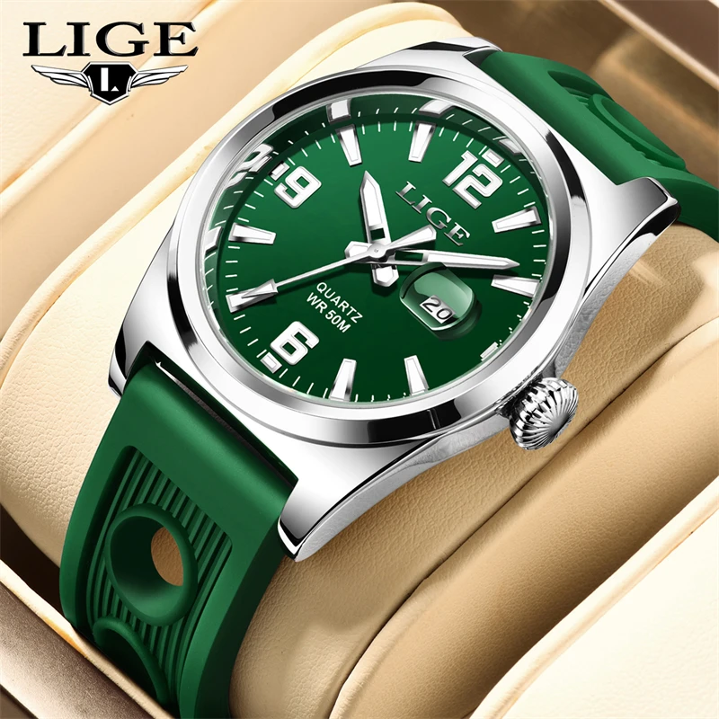 LIGE Mens Watch Business Luxury Date Watch for Men Sport Quartz Watches 50M Diving Waterproof Luminous Silicone Wristwatch Reloj