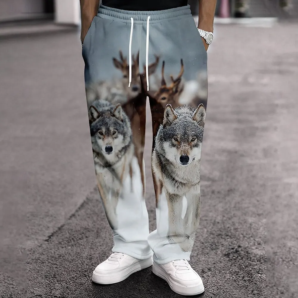 

Men's Wolf Sweatpants Trousers Casual Pants Mid Waist Retro Outdoor Workout Elastic Drawstring Waist Straight Leg Hunting Pants