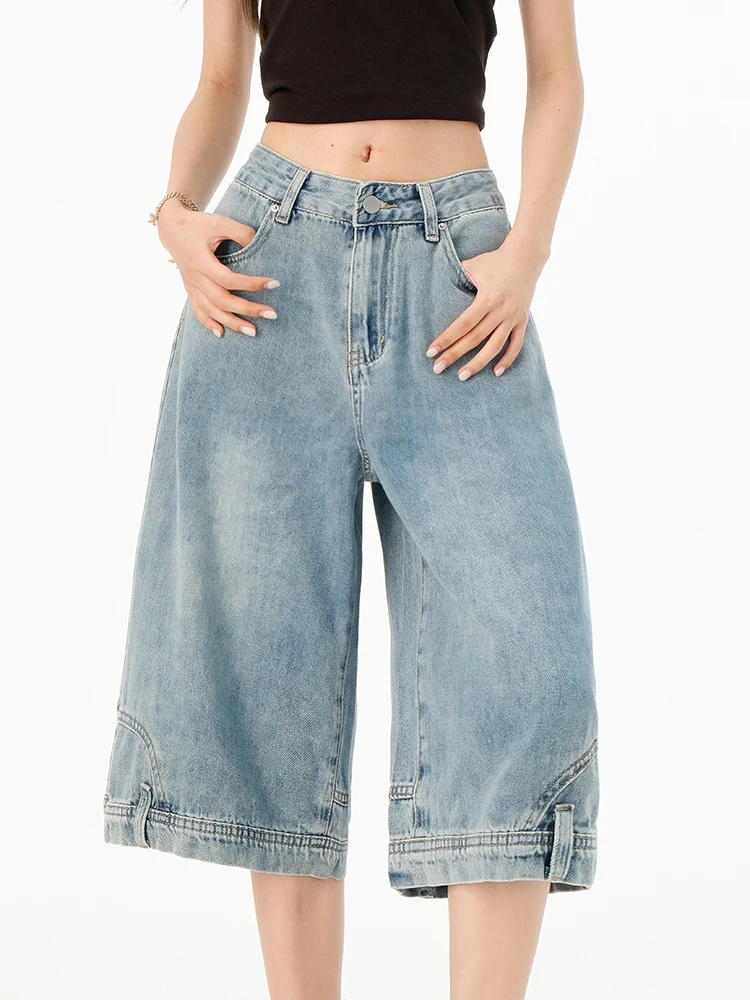 High Fashion Upside-down Calf-Length Jeans Women High Waist Wide Leg Trendy Capri Pants Female Y2K Pocket Blue Denim Shorts 2025