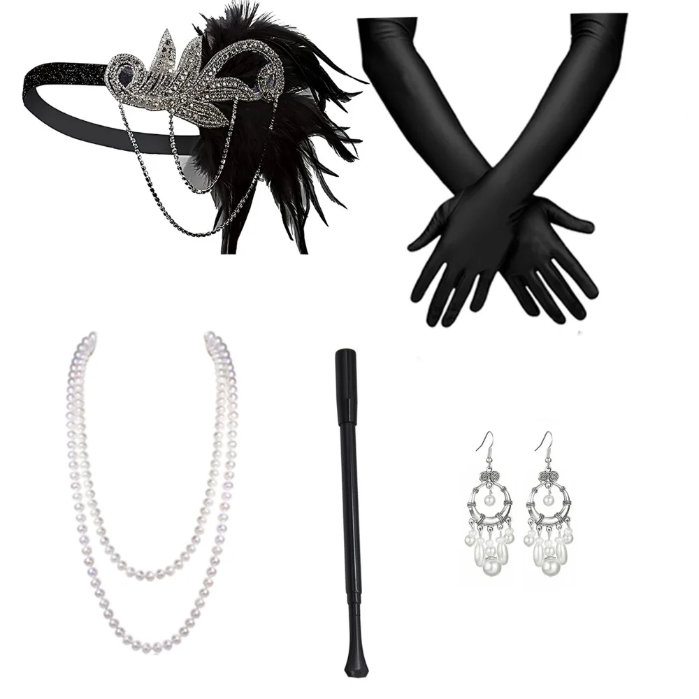PESENAR Vintage 1920s Flapper Fashion Accessory Set - Elegant Headpiece, Long Gloves, Jewelry