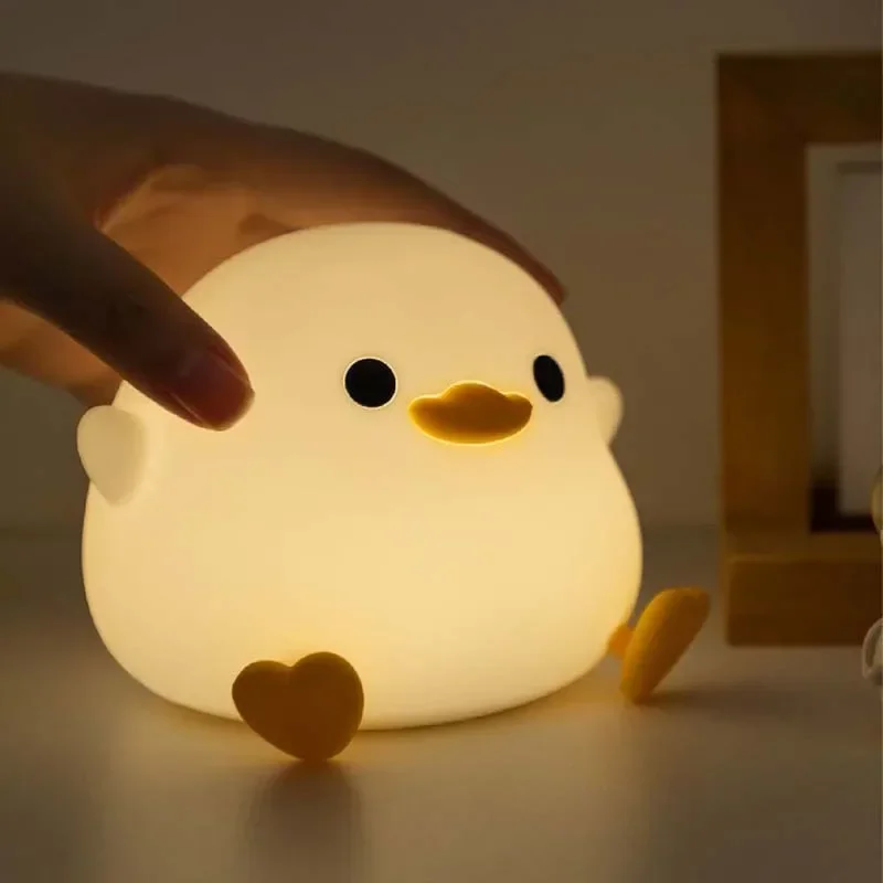 LED Cartoon Duck Night Light Timer Function Portable 2 Gears Lights Rechargeable Silicone Patting Lamp for Kids Baby Sleep Gift