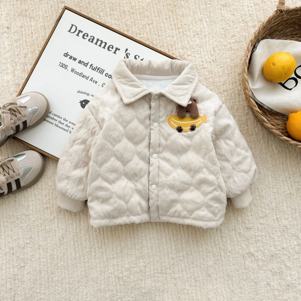 2024 Winter Ins Korean Toddler Boys Parkas Cotton Quilted Thickened Cartoon Bear Solid Baby Boys Coat Infant Boys Jacket