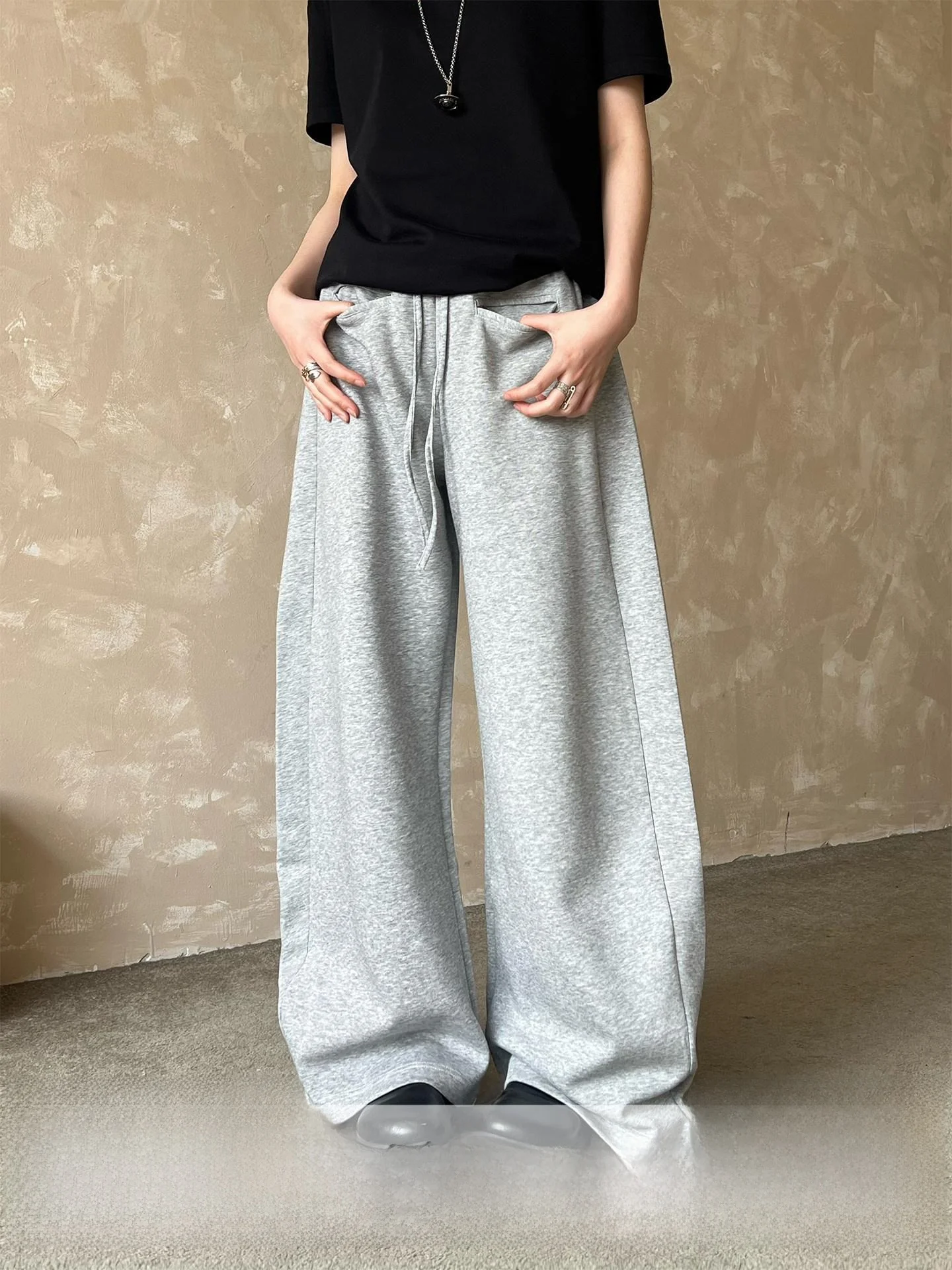 

Grey Casual Pants Men Women High Waist Wide Leg Comfortable Loose Fit Asymmetrical Design Floor Length Drapey Knife Pleat