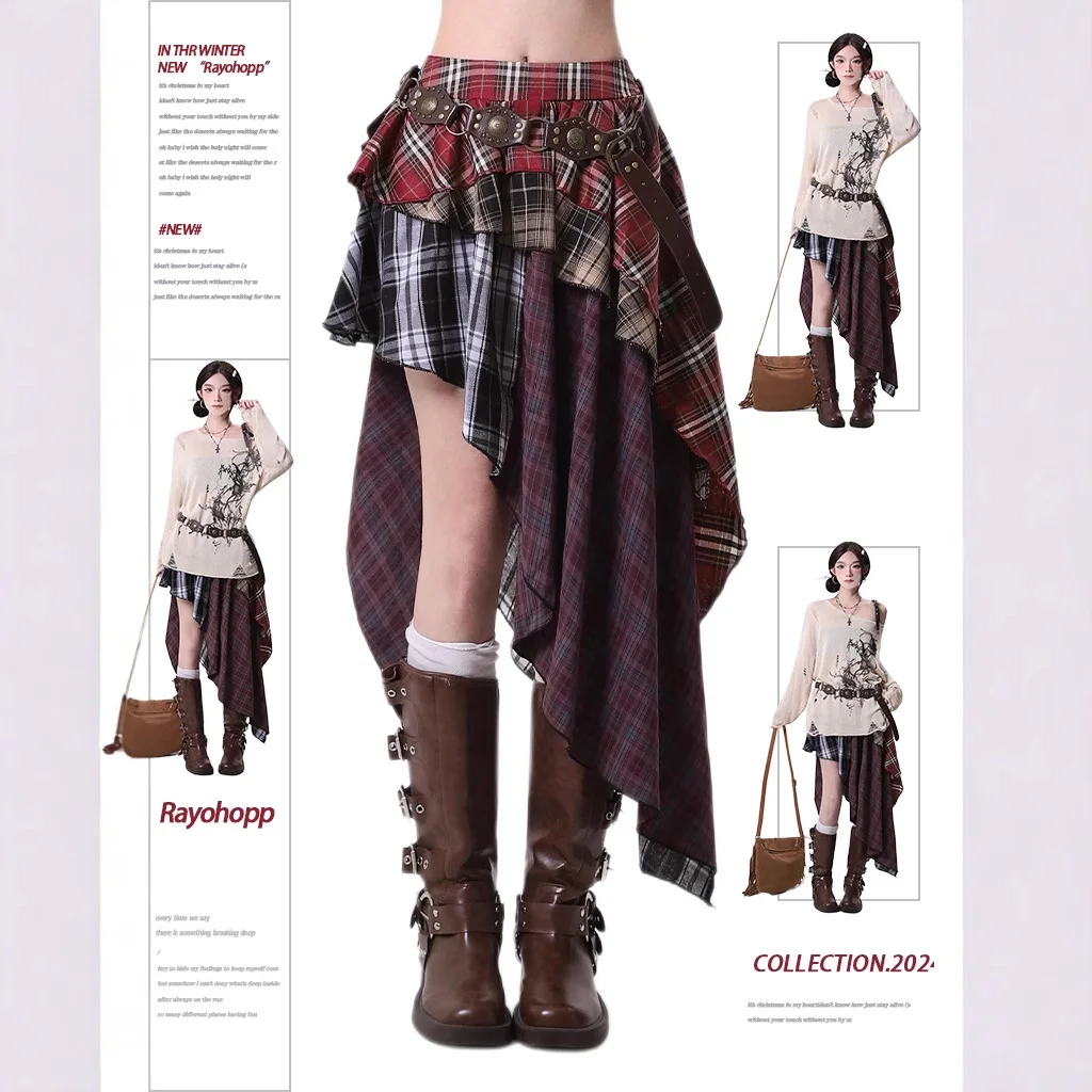 تنورة ريترو منقوشة غير متماثلة، تنورة قصيرة Y2K جمالية عالية الخصر بطيات مع نمط رياضي #3