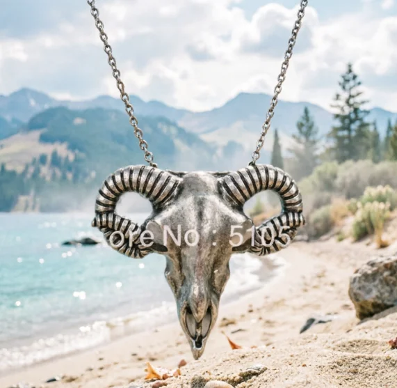 Gothic Rams Necklace Goat Head Skull Horn Pendant Skeleton Punk Goth Jewelry