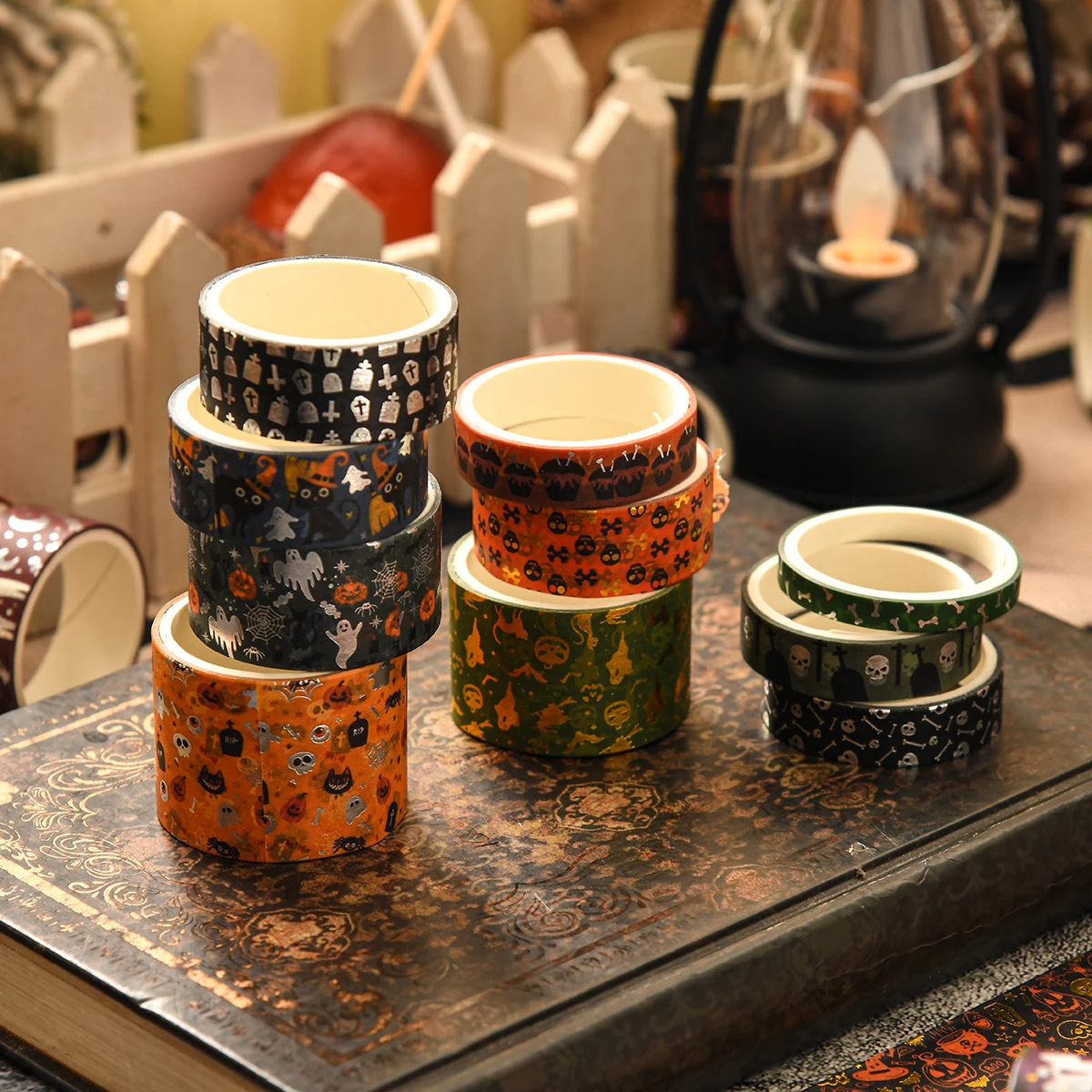 14ロール/箱、絶妙なハロウィーン柄の和紙テープ、独創的なブロンズ加工デザイン、ハロウィーンパーティーDIYデコレーション用
