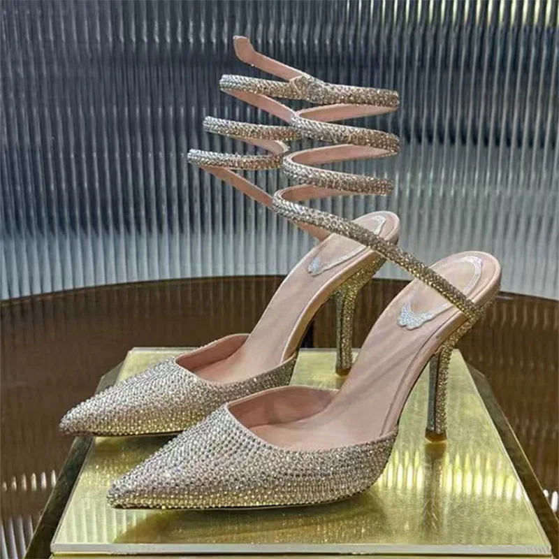 

New High Heels Women Pumps Rhinestone Snake Twine Around Ankle Strap Wedding Shoes Bling Bling Crystal Summer Sandals Woman