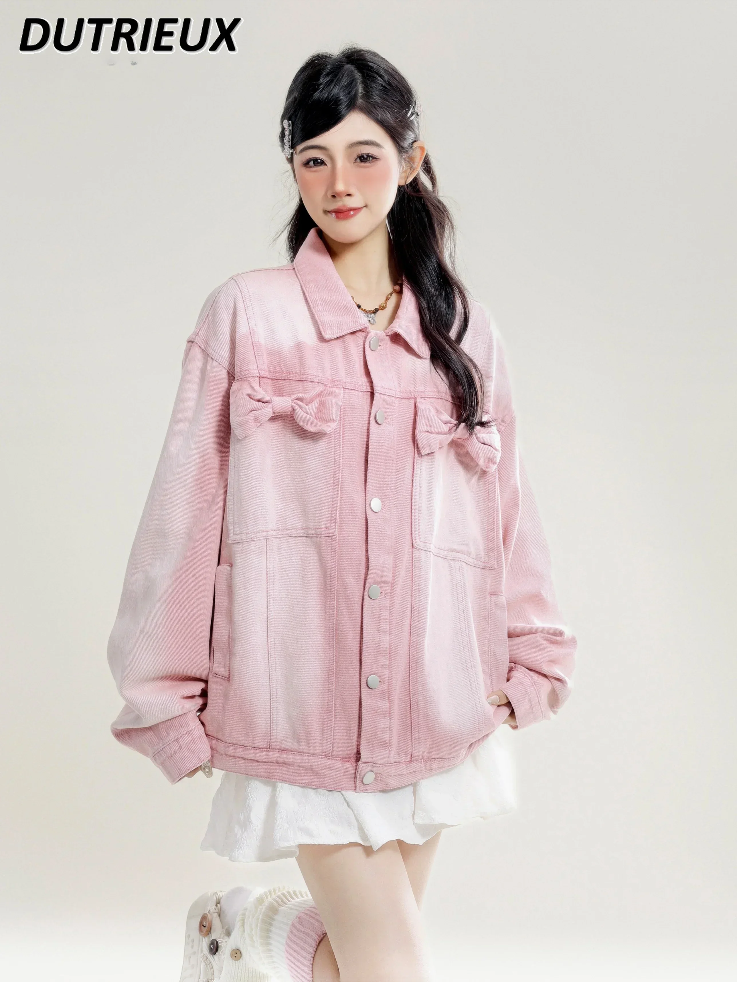 

Spring Autumn New Sweet Cool Girl Bow Wash Denim Coat Special-Interest Design Single-Breasted All-Matching Long Sleeve Jacket