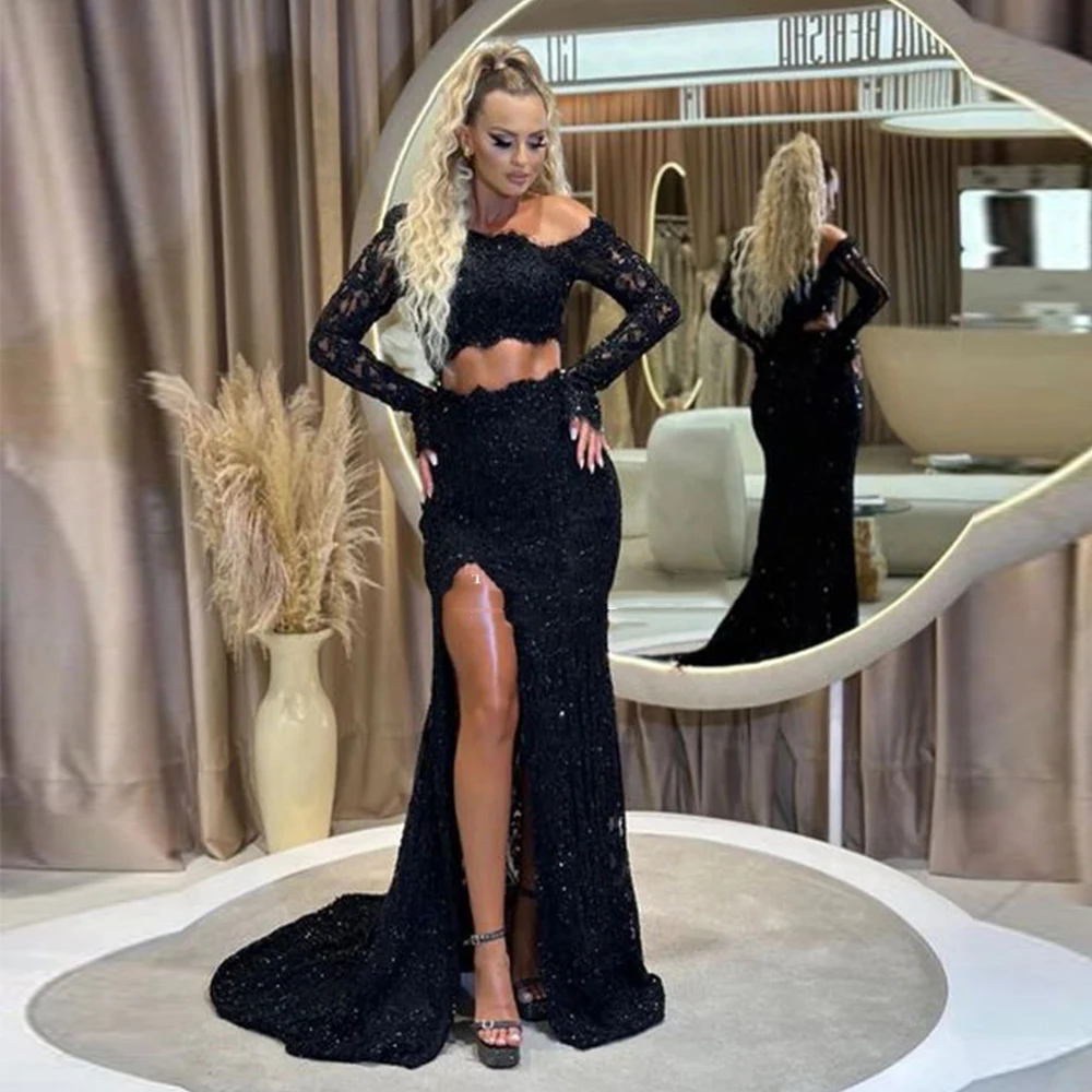 

Exquisite Lace Applique Evening Dresses For Women Sexy Backless Beautiful Off Shoulder Long Sleeved High Slit Mopping Prom Gowns