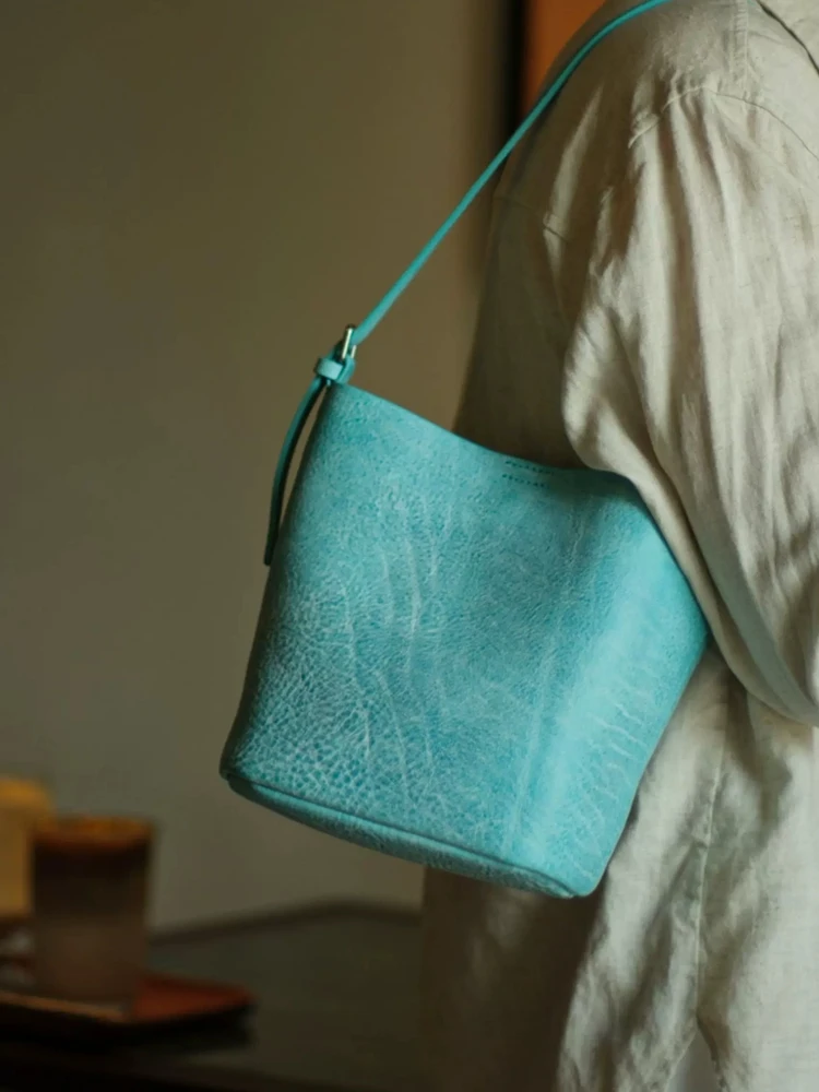 Fashion Retro Casual High-end Genuine Leather Women Bucket Bag\Handbag Simple Real Leather Lady Underarm Shoulder Crossbody Bag