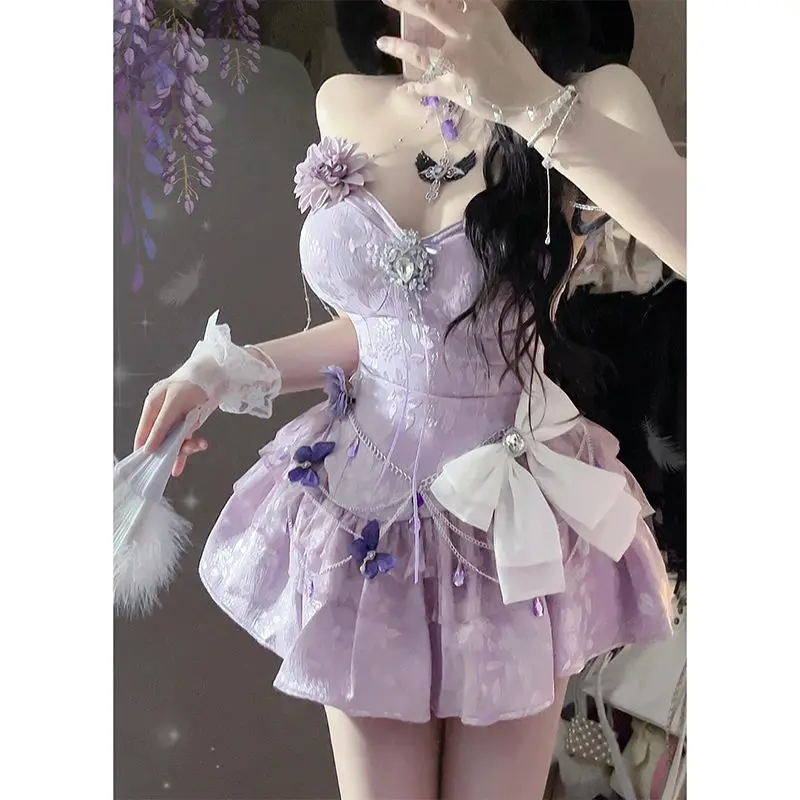 Japan Girl Cute High-End Dress With Skirt Clothes Flower Decoration Violet Romantic Dress 2024 New