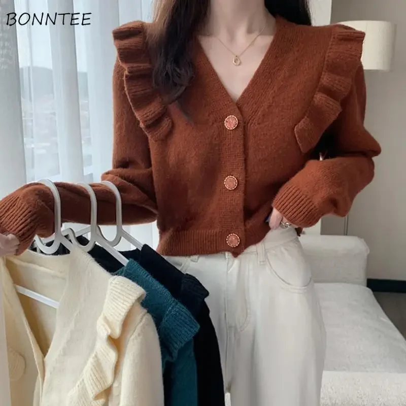 

Укороченный кардиган, женский вязаный свитер в стиле ретро с v-образным вырезом, простой осенний темпераментный женский милый повседневный новый мягкий модный универсальный кардиган