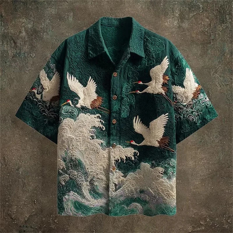 New Dark Green Embossed Dark Pattern Fabric with Flying Crane and Wave Printing for Men's Casual Short Sleeved Shirt