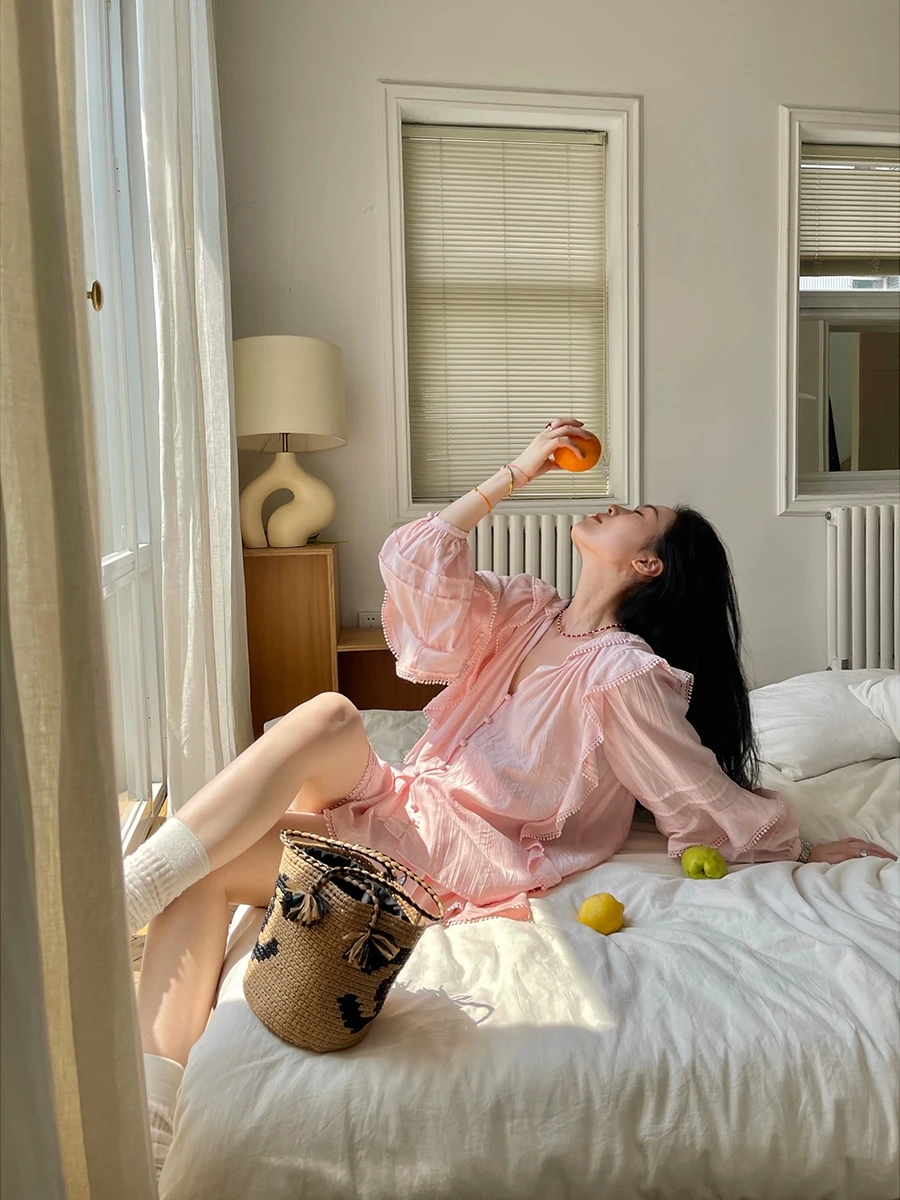 

Ele Spring irt Women's Sle Bubble Sve irt Set Small ence Summer Top Quali Ladies Faion Pure Color Blouse