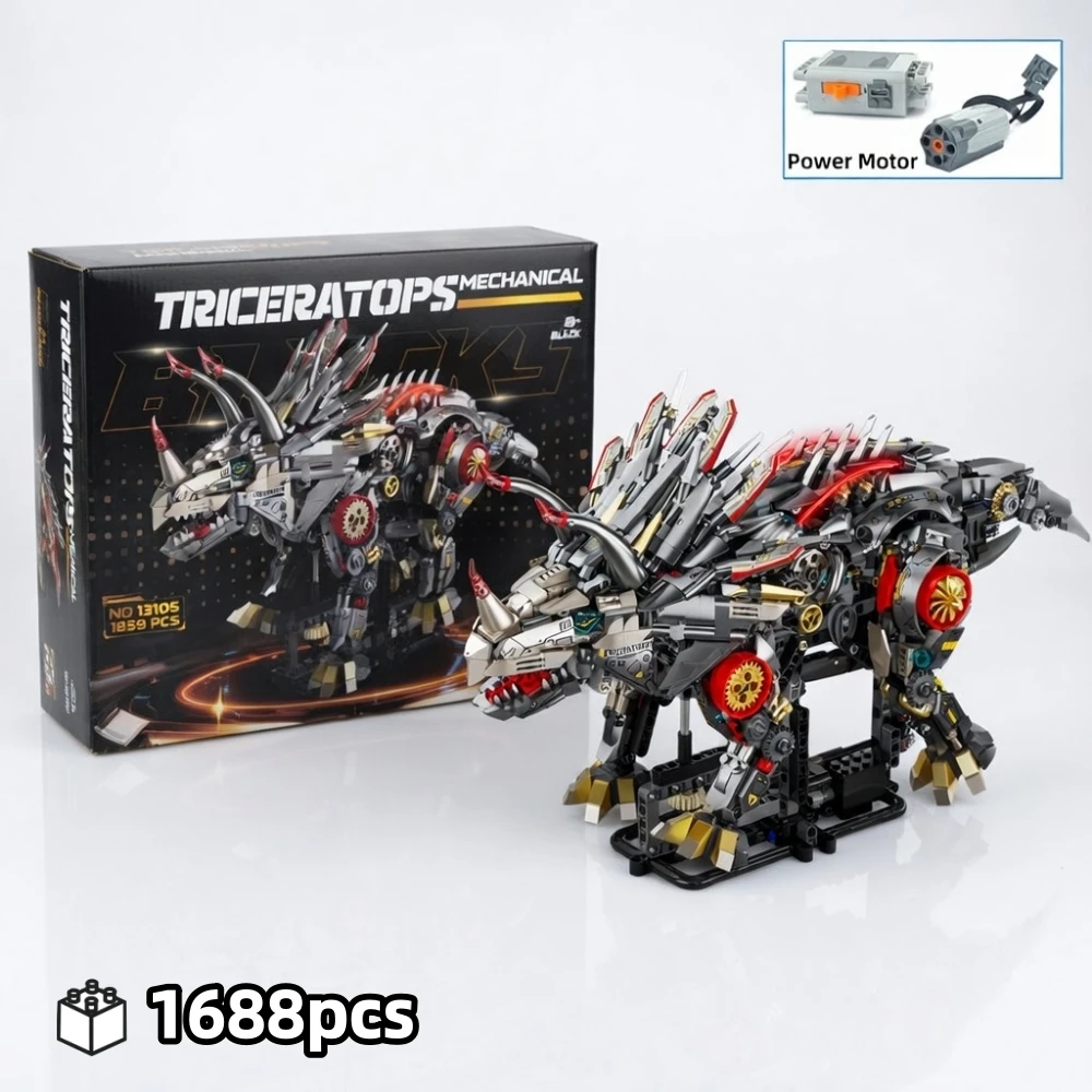 

Конструктор FUNXINEE 1688 деталей: Техническая механическая модель Трицератопса, динозавр MOC, со световыми эффектами и шестеренками, STEM-набор, подарочная коробка