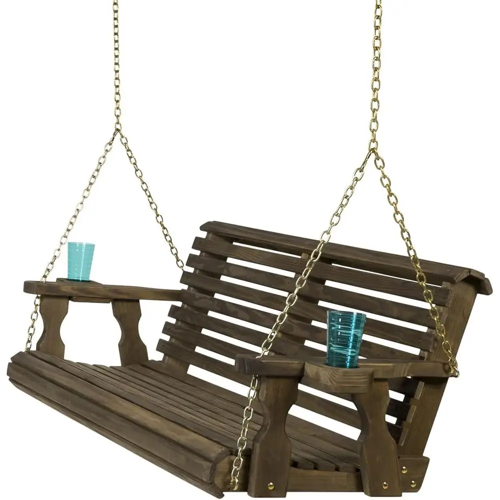 

4 Foot Roll Back Porch Swing with Cup Holders in Walnut Stain - Amish Made in The USA from Treated Pine Heavy Duty 700 Lb. Weigh