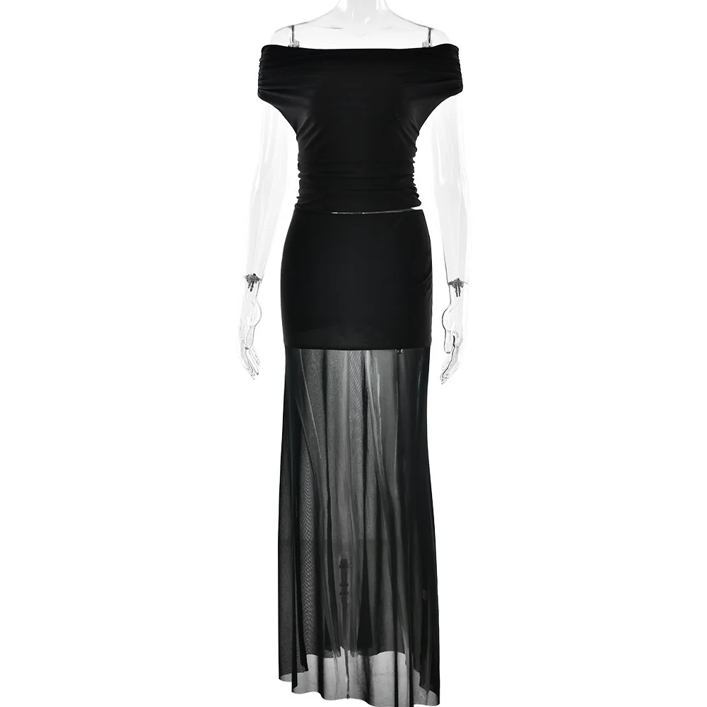 Letni zestaw damski 2025: seksowny top tuba bez pleców i długa spódnica, dwuczęściowy komplet.